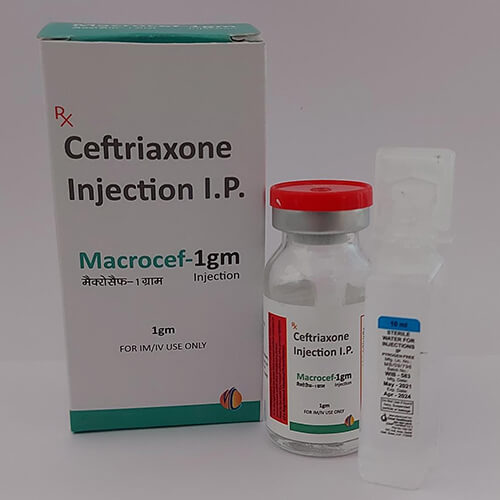 Product Name: Mecrogef 1gm, Compositions of Mecrogef 1gm are Ceftriaxone Injection I.P. - Macro Labs Pvt Ltd