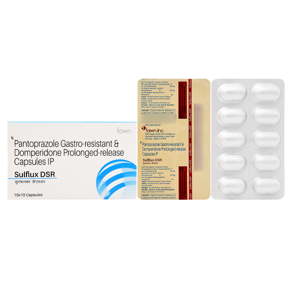 Product Name: SULFLUX DSR, Compositions of Pantoprazole (EC) 40 mg + Domperidome (SR) I.P. 30 mg. are Pantoprazole (EC) 40 mg + Domperidome (SR) I.P. 30 mg. - Fawn Incorporation