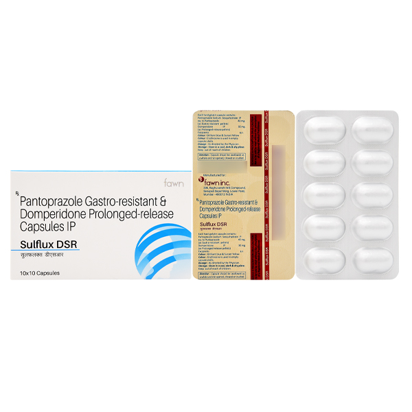 Product Name: SULFLUX DSR, Compositions of SULFLUX DSR are Pantoprazole (EC) 40 mg + Domperidome (SR) I.P. 30 mg. - Fawn Incorporation