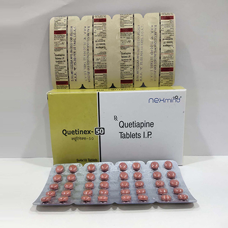 Product Name: Quetinex 50, Compositions of Quetinex 50 are Quetiapine Tablets IP - Nexmind Pharmaceuticals