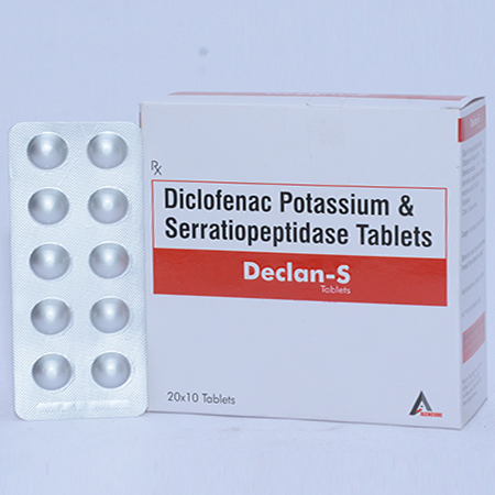 Product Name: DECLAN S, Compositions of DECLAN S are Diclofenac Potassium, Paracetamol & Serratiopeptidase Tablets - Alencure Biotech Pvt Ltd