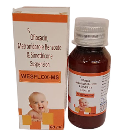 Product Name: WESFLOX MS, Compositions of WESFLOX MS are Ofloxacin 50mg +Metronidazole Benzoate 120mg &Simethicone 10mg Suspension - Edelweiss Lifecare