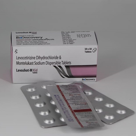 Product Name: Levoshot M Kid, Compositions of Levoshot M Kid are Levocetrizine Dihydrocloride  & Montelikast Sodium Dispersable Tablets - Biodiscovery Lifesciences Pvt Ltd