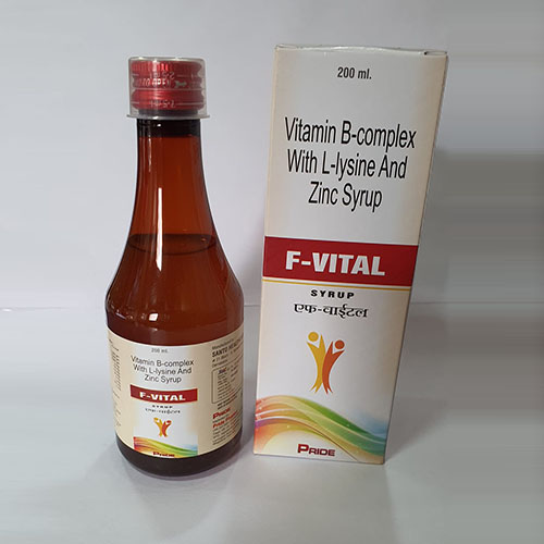 Product Name: F Vital, Compositions of F Vital are Vitamin B-Complex with L-Lysine and Zinc Syrup - Pride Pharma