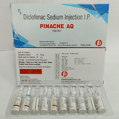 Product Name: Pinache Aq, Compositions of Pinache Aq are Diclofenac Sodium Injection I.P. - Pinamed Drugs Private Limited