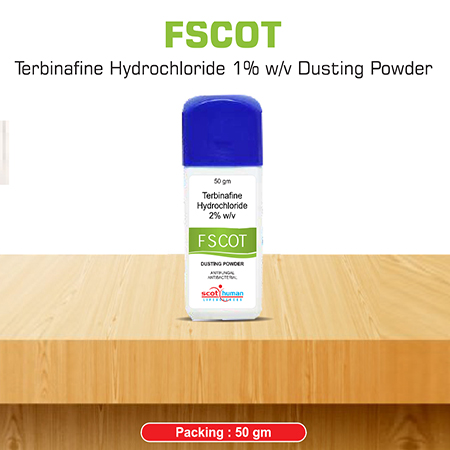 Product Name: Fscot, Compositions of Fscot are Terbinafine Hydrochloride 2% w/v Dusting Powder  - Scothuman Lifesciences