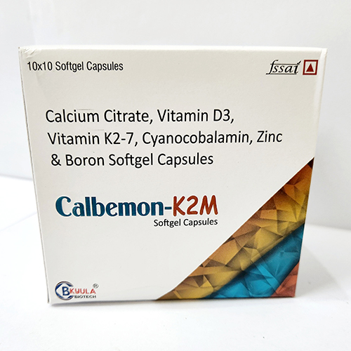 Product Name: Calbemon K2M, Compositions of Calbemon K2M are Calcium Citrate ,Vitamin D3, Vitamin K27,Cyanocobalamin Zinc and Softgel  Capsules - Bkyula Biotech