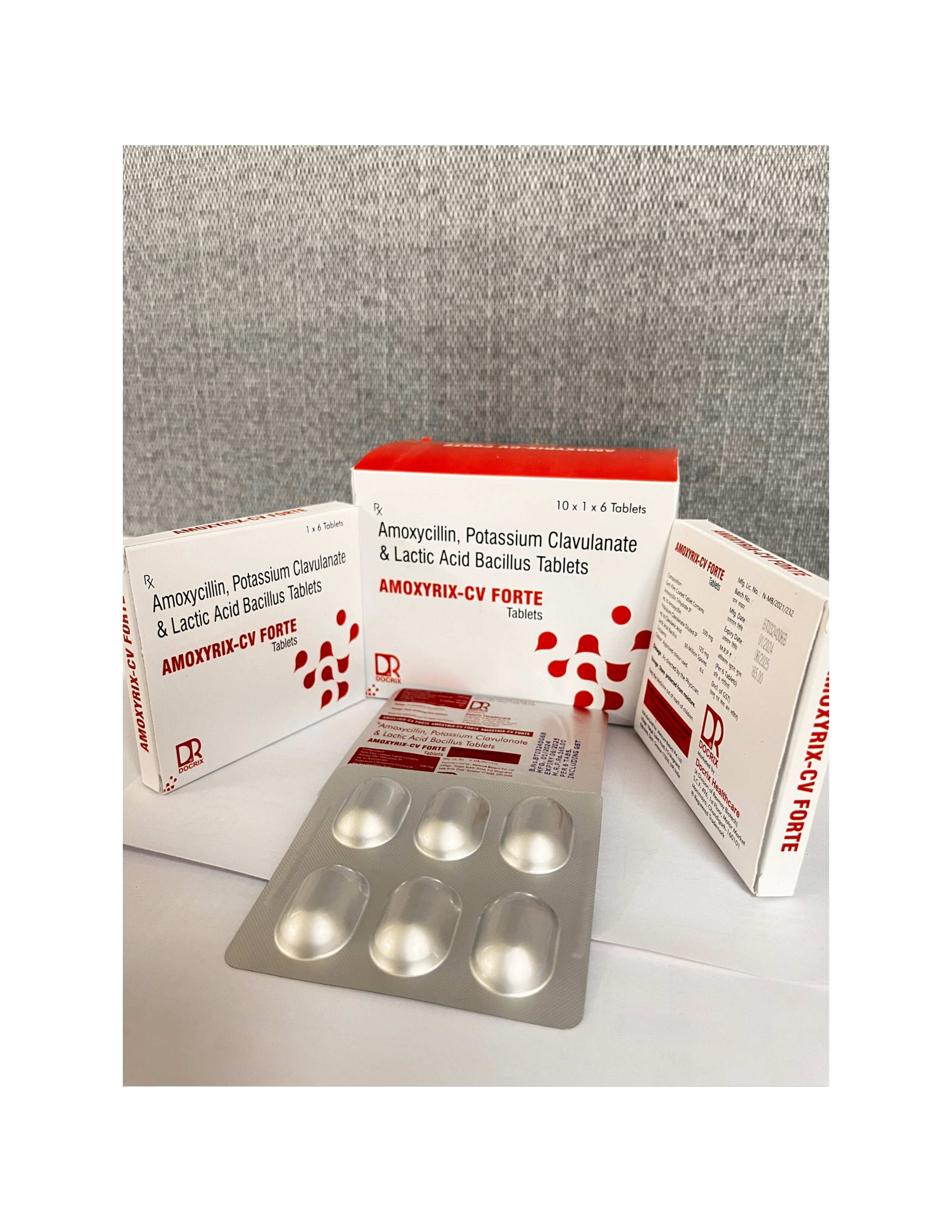 Product Name: Amoxyrix CV Forte, Compositions of Amoxyrix CV Forte are Amoxycilin & Potassium Clavulanate & Lactic Acid bacillus Tablets  - Docrix Healthcare