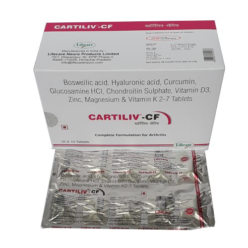 Product Name: Cartiliv CF, Compositions of Cartiliv CF are Boswellic,Hyaluronic acid, Curcumin, Glucosamine Hcl , Chondroitin Sulphate, Vitamin D3, Zinc,Magnesium & Vitamin K2-7 Tablets - Lifecare Neuro Products Ltd.