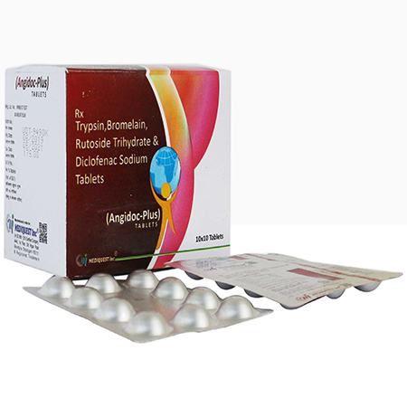 Product Name: ANGIDOC PLUS, Compositions of ANGIDOC PLUS are Trypsin, Bromelain, Rutoside Trihydrate & Diclofenac Sodium Tablets - Mediquest Inc