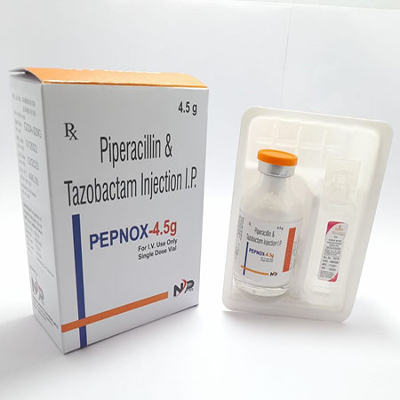Product Name: Pepnox 4.5g, Compositions of Pepnox 4.5g are Piperacillin & Tazobactom Injection I.P. - Noxxon Pharmaceuticals Private Limited