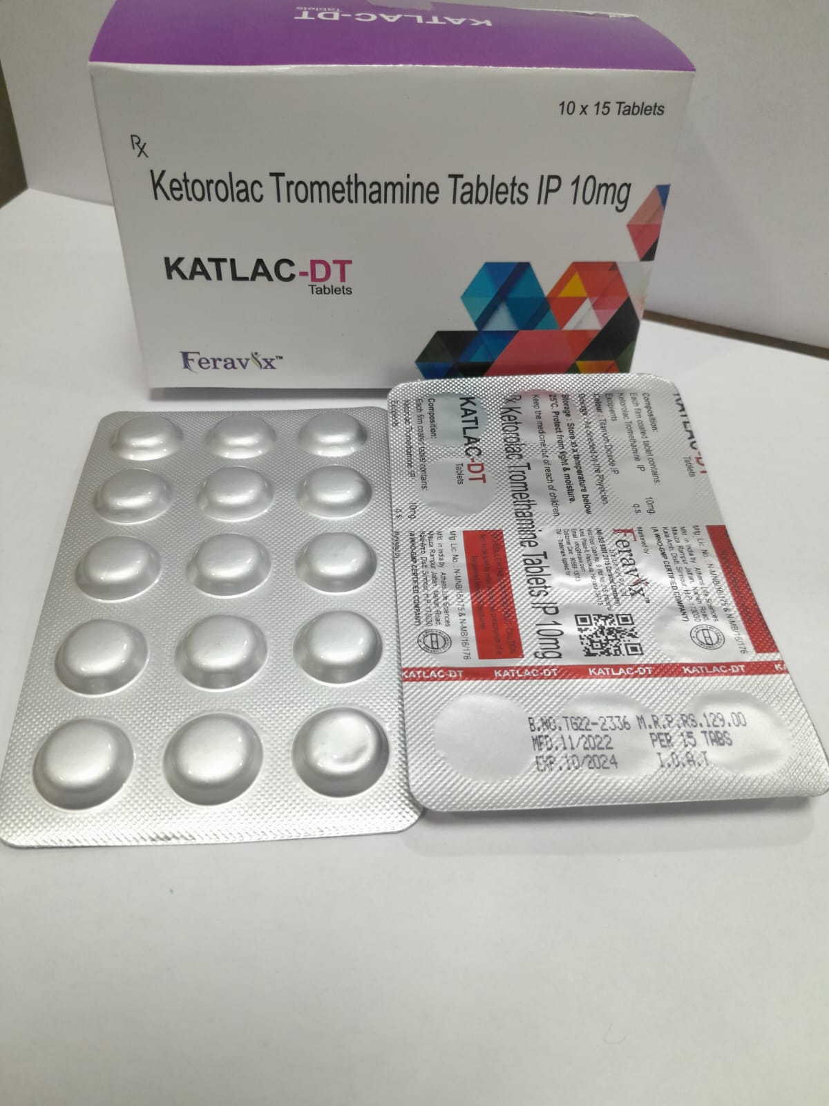Product Name: Katlac DT, Compositions of Katlac DT are Ketorolac Tromethamine Tablets IP 10mg - Feravix Lifesciences