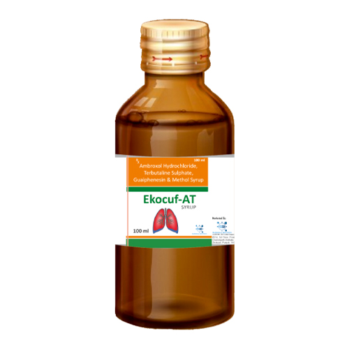 Product Name: Ekocuf AT, Compositions of Ekocuf AT are Ambroxol Hydrochloride, Terbutaline Sulphate, Guaiphenesin & Menthol Syrup - Sushma Biotech