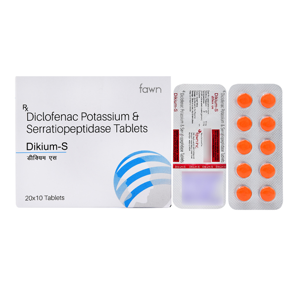 Product Name: DIKIUM S, Compositions of Diclofenac Potassium 50 mg. + Serratiopeptidase 10 mg are Diclofenac Potassium 50 mg. + Serratiopeptidase 10 mg - Fawn Incorporation