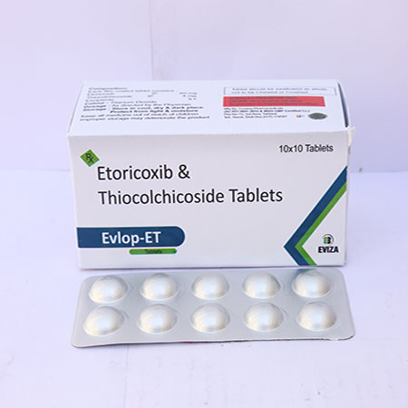 Product Name: Evlop ET, Compositions of Evlop ET are Etoricoxib & Thiocolchicoside Tablets - Eviza Biotech Pvt. Ltd