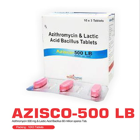 Product Name: Azisco 500 LB, Compositions of Azisco 500 LB are Azithromycin & Lactic Acid Bacillus Tablets - Scothuman Lifesciences