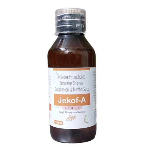 Product Name: Jekof, Compositions of Jekof are Ambroxol Hydrochloride, Terbutaline Sulphate, Guaiphenesin & Menthol Syrup - Jecks Pharma