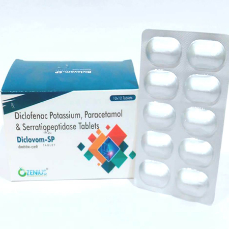 Product Name: DICLOVOM SP, Compositions of DICLOVOM SP are Diclofenac Potassium, Paracetamol & Serratiopeptidase Tablets - Ozenius Pharmaceutials