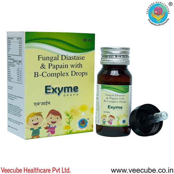Product Name: EXYME DROP, Compositions of EXYME DROP are Fungal Diasate Pepsin with Vitamin B-Complex Drops - Veecube Healthcare Private Limited