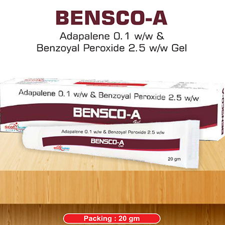 Product Name: Bensco A, Compositions of Bensco A are Adapalene 0.1 w/w & Benzoyl Peroxide 2.5 w/w gel - Scothuman Lifesciences