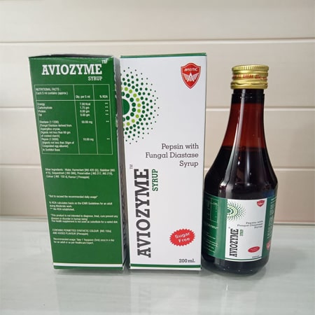 Product Name: Aviozyme, Compositions of Aviozyme are Pepsin with Fungal Diastate Syrup - Aviotic Healthcare Pvt. Ltd