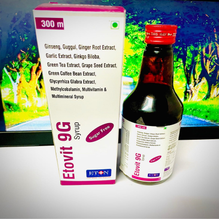 Product Name: Etovit 9G, Compositions of Etovit 9G are Omega-3 Fatty Acid,L-Glutathione,Ginseg,Ginkgo Biloba,Grean Tea Extract,Garlic Powder,Grape Seed Extract,Antioxidants,Vitamins,Minerals & Trace Elements syrup - Eton Biotech Private Limited