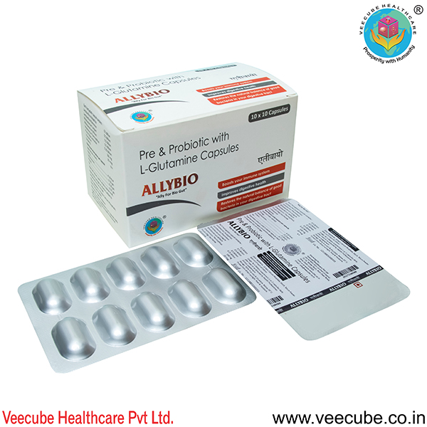 Product Name: ALLYBIO, Compositions of ALLYBIO are Pre & Probiotic with L-Glutamine Capsules - Veecube Healthcare Private Limited