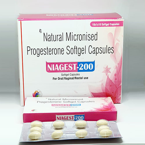 Product Name: Niagest 200, Compositions of Niagest 200 are Natural Micronized Progesterone Softgel Capsules - Pride Pharma