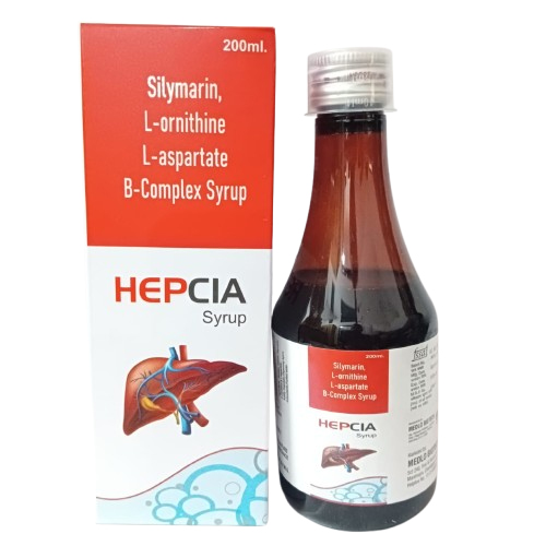 Product Name: HEPCIA, Compositions of HEPCIA are Silymarin, L-ornithine L-aspartate B-Complex Syrup - Medlo Biotech