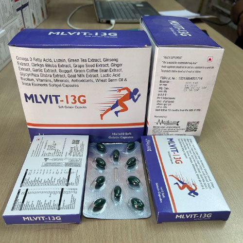 Product Name: MLVIT 13G, Compositions of MLVIT 13G are Grega 3 Fatty Acid, Lutein, Green Tea Extract, Ginseng Extract, Ginkgo Biloba Extract, Grape Seed Extract, Ginger Eract Garic Extract, Guggul, Groan Coffee Bean Extract, Glycyrrhiza Glabra Extract, Goat Milk Extract, Lactic A - Medicure LifeSciences