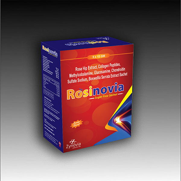 Product Name: Rosinovia, Compositions of Rosinovia are Rose Hip Extract, Collagen Peptides, Methylcobalamine, Glucosamine, Chondroitin Sulfate Sodium, Boswellia Serrata Extract Sachet - Zynovia Lifecare