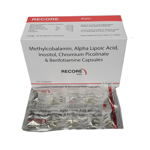 Product Name: Recore, Compositions of Recore are Methylcobalamin,Alpha Lipoic Acid, Inositol, Chromium Picolinate & Benfotiamine Capsules - Lifecare Neuro Products Ltd.