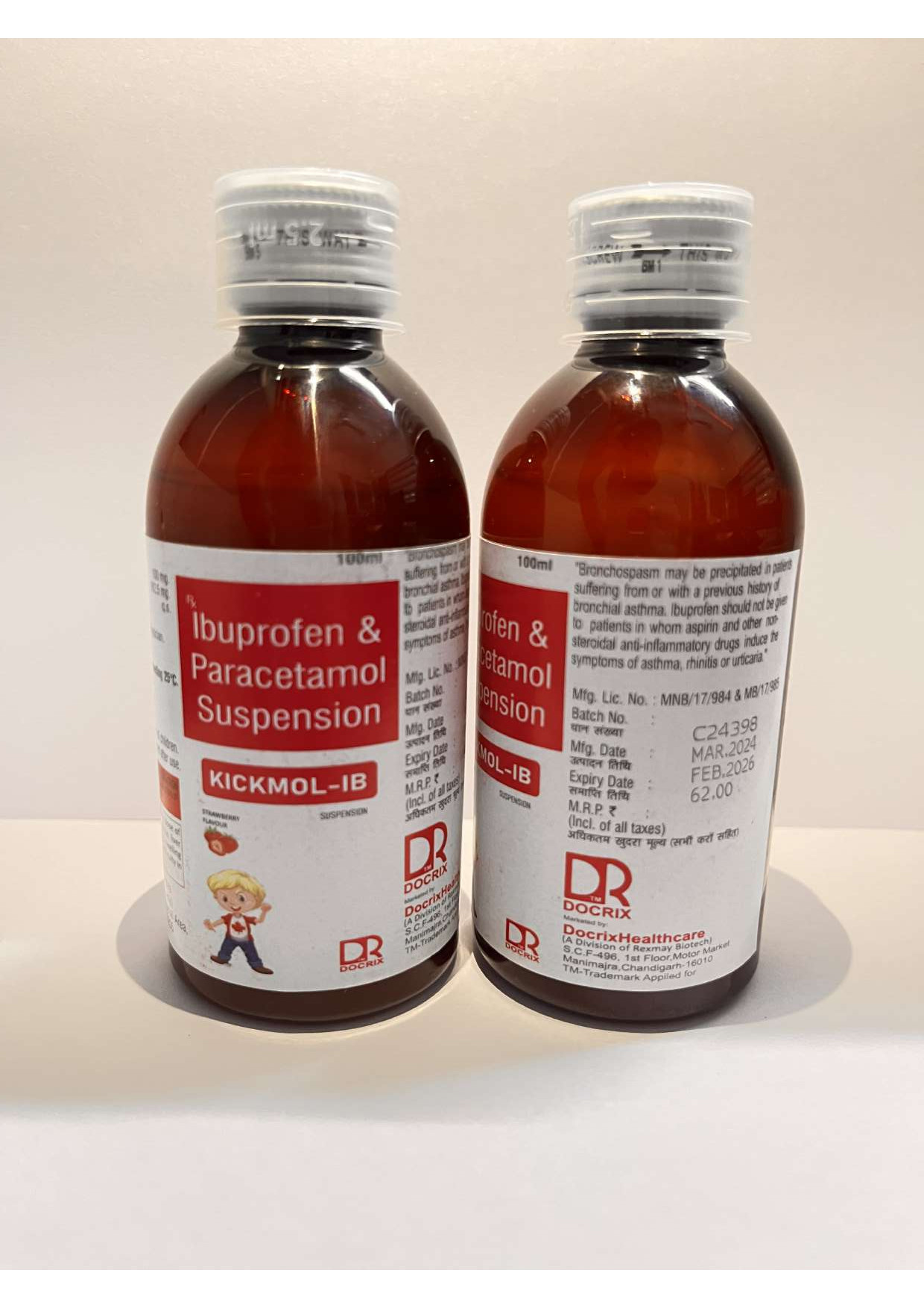 Product Name: Kickmol IB, Compositions of Kickmol IB are Ibuprofen Paracetamol Suspension - Docrix Healthcare
