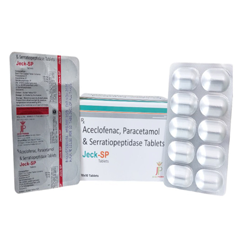 Product Name: JeckSP, Compositions of JeckSP are Aceclofenac, Paracetamol & Serratiopeptidase - Jecks Pharma