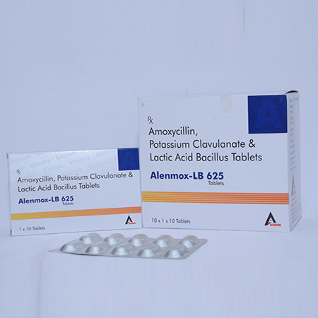 Product Name: ALENMOX LB 625, Compositions of ALENMOX LB 625 are Amoxycillin, Potassium Clavulante &  Lactic Acid Bacillus Tablets - Alencure Biotech Pvt Ltd