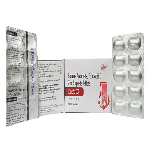 Product Name: Corafer Xt, Compositions of Corafer Xt are Ferrous Ascorbate Folic Acid & Zinc Sulphate Tablets - Arlak Biotech