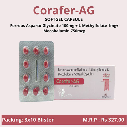 Product Name: Corafer Ag, Compositions of Corafer Ag are Ferrous Asparto-Glycinato 100 mg + L-Methylfolate 1 mg + Mecobalamin 750mcg - Arlak Biotech