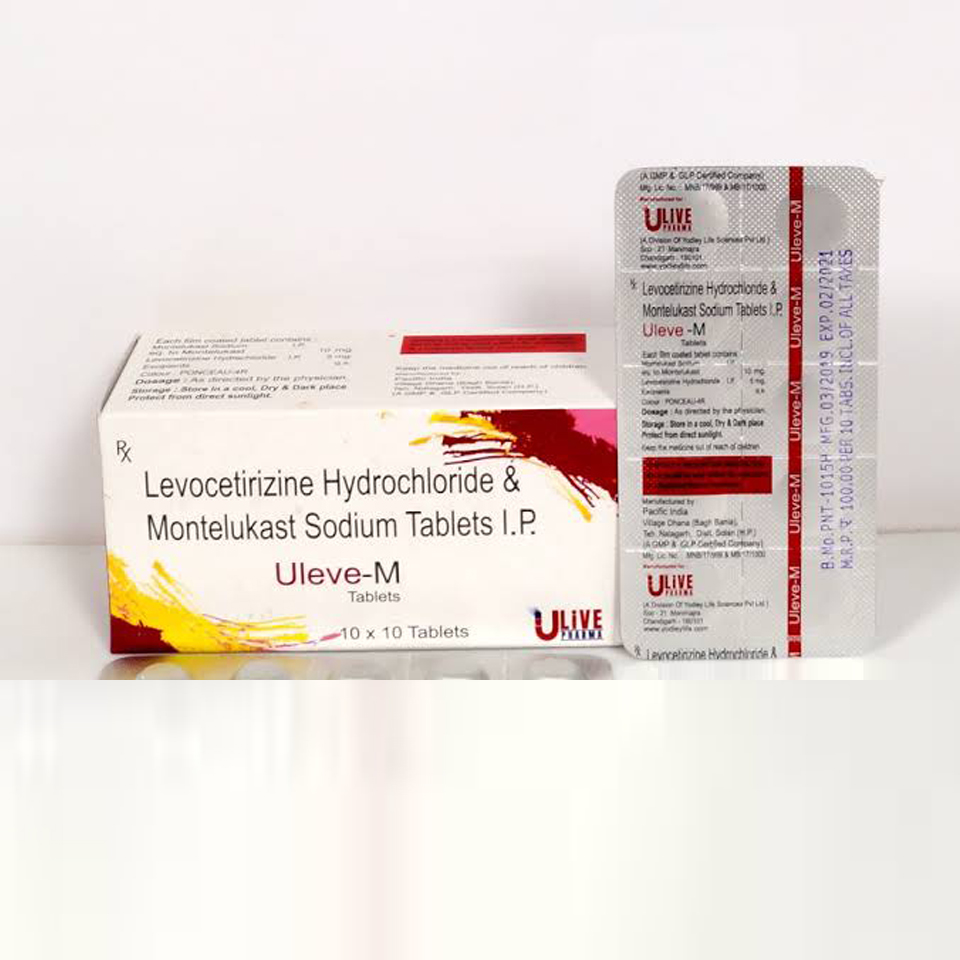 Product Name: Uleve M, Compositions of Uleve M are Levocetrizine HCL & Montelukast Sodium Tablets IP - Yodley LifeSciences Private Limited