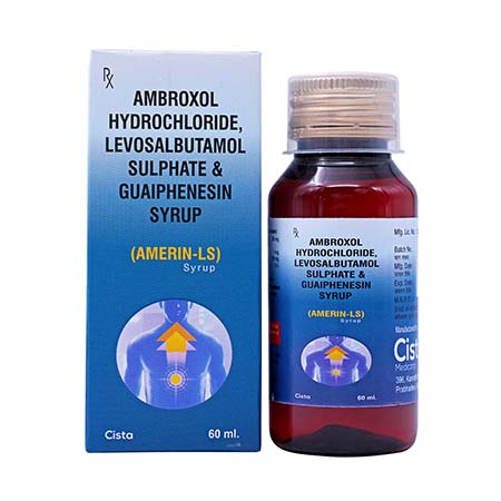 Product Name: AMERIN LS, Compositions of AMERIN LS are Ambroxol HCL, Levosalbutamol Sulphate & Guaiphensin Syrup - Cista Medicorp