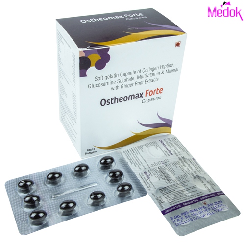 Product Name: Ostheomax forte, Compositions of Ostheomax forte are Soft gelatin capsules of collagen  peptide glucosamine sulphate multivitamin & mineral with ginger root extracts - Medok Life Sciences Pvt. Ltd