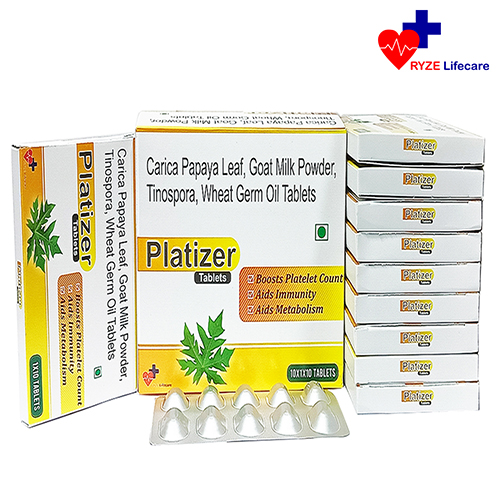 Product Name: Platizer tab, Compositions of Platizer tab are Carica Papaya Leaf ,Goat Milk Powder , Tinospora , Wheat Germ Oil Tablets - Ryze Lifecare