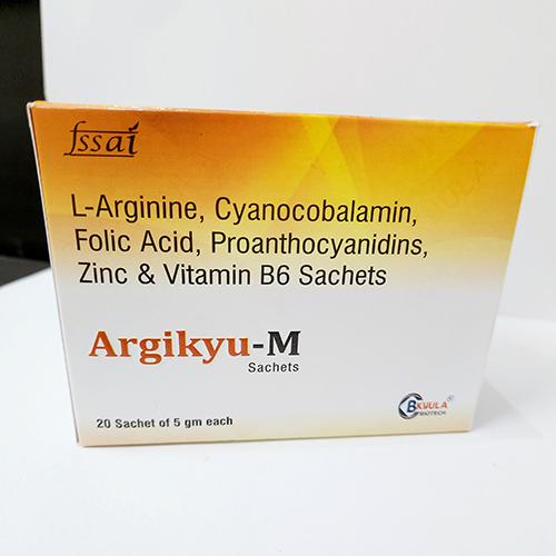 Product Name: Argikyu M, Compositions of Argikyu M are L-arginine, Cyanocobalamin, Folic Acid,  Proanthocyanidin, Zinc and  Vitamin B6 Sachet - Bkyula Biotech