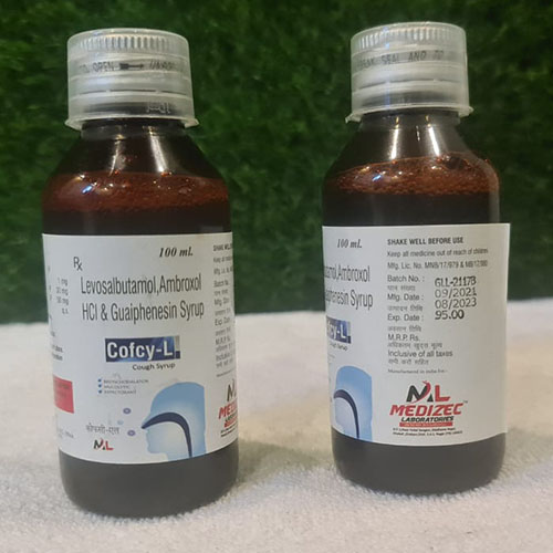 Product Name: Cofcy L, Compositions of Cofcy L are Levosulbutamol,Ambroxal Hcl & Guaiphenesin Syrup - Medizec Laboratories