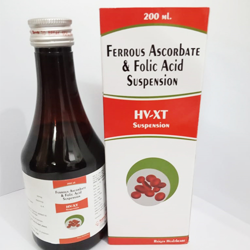 Product Name: HV XT Syrup, Compositions of HV XT Syrup are FERROUS ASCORBATE eq.to Iron 30mg, Folic Acid 55omcg (5ML EACH) - JV Healthcare