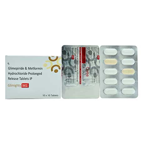 Product Name: Glimighty M1, Compositions of Glimighty M1 are Glimipride 1mg+Metformin 500 SR mg (Bilayered Tab) - Cista Medicorp