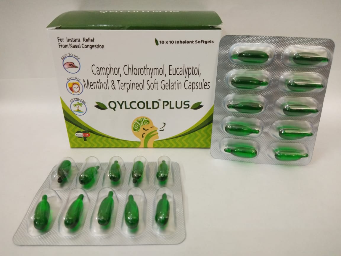 Product Name: Qylcold Plus, Compositions of Qylcold Plus are Camphor Chlorothymol, Eucalyptol, Menthol & Terpineol Soft Gelatin Capsules - Cassopeia Pharmaceutical Pvt Ltd