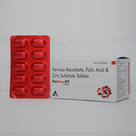 Product Name: FERLEN XT, Compositions of FERLEN XT are Ferrous Ascrobate, Folic Acid & Zinc Sulphate Tablets - Alencure Biotech Pvt Ltd