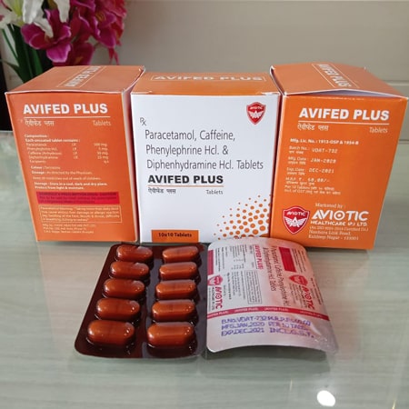 Product Name: Avifed Plus, Compositions of Avifed Plus are Paracetamol, Phenylphrine HCL, Caffeine & Diphenhydramine Tablets - Aviotic Healthcare Pvt. Ltd