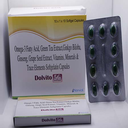 Product Name: Dolvito 5G, Compositions of Dolvito 5G are Omega 3 Fatty Acid, Green Tea Extract, Ginkgo Biloba, Ginseng, Grape Seed Extract, Vitamins, Mineral and Trace Elements Softgelatin Capsules - Norvick Lifesciences