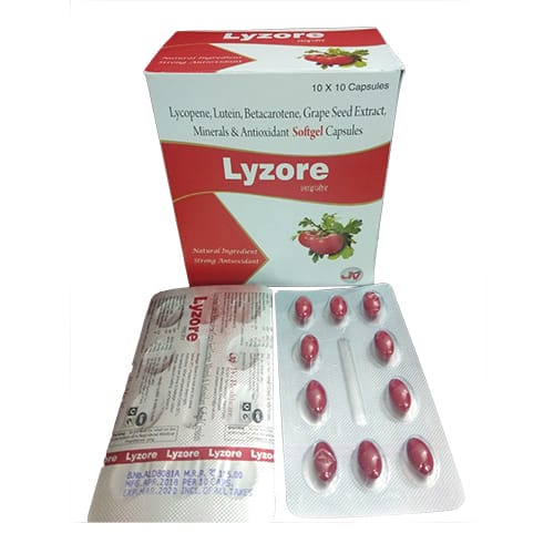Product Name: Lyzore, Compositions of Lyzore are Lycopene,Lutein,Beta Carotene,Grape Seed Extract Minerals & Antioxidant Softgel Capsules - JV Healthcare